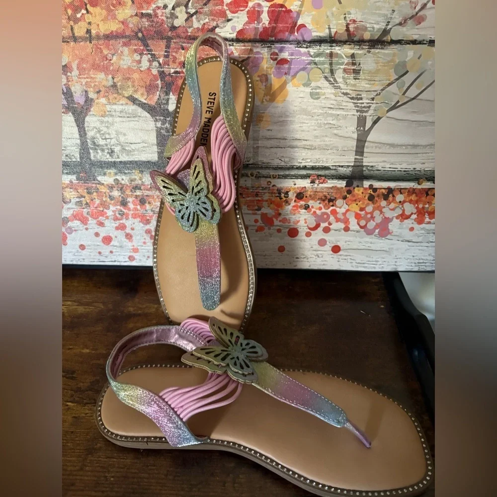 New-Girls Steve Madden Pink and Silver Butterfly Sandals